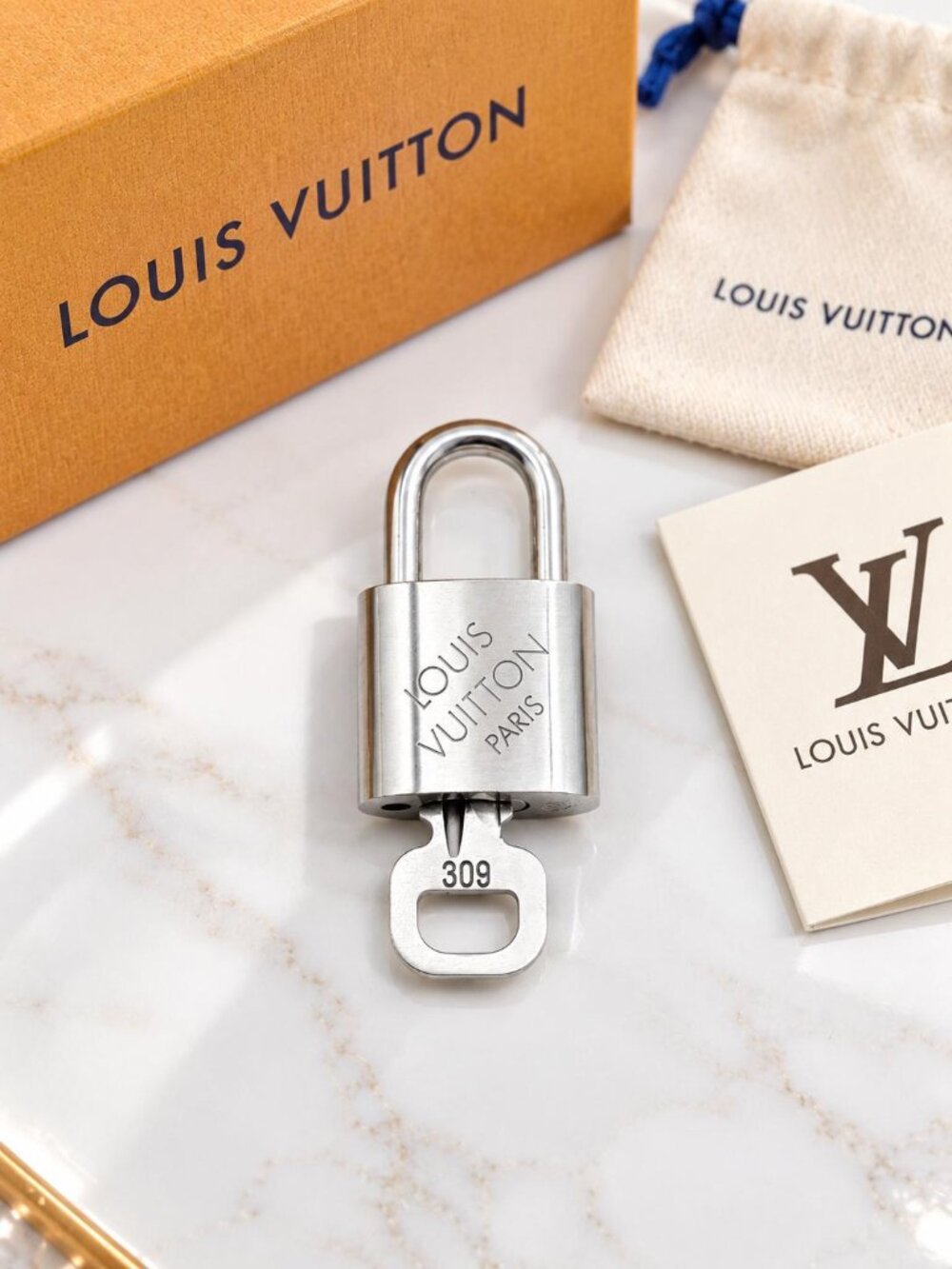 Authentic Louis Vuitton Silver Padlock & Key Set – Made in France #309